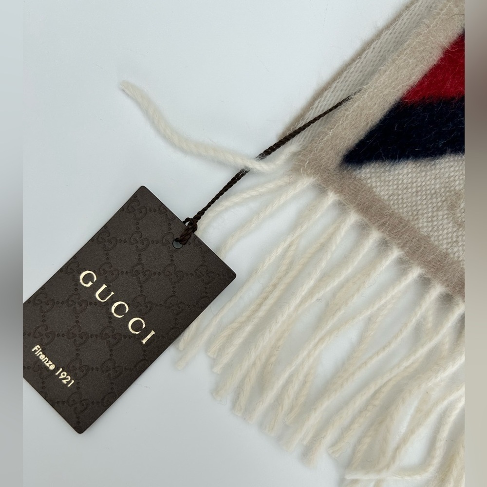 New With Tags Gucci Nikky Wool Alpaca Monogram Web Beige Scarf Shawl Fringe - Picture 5 of 16